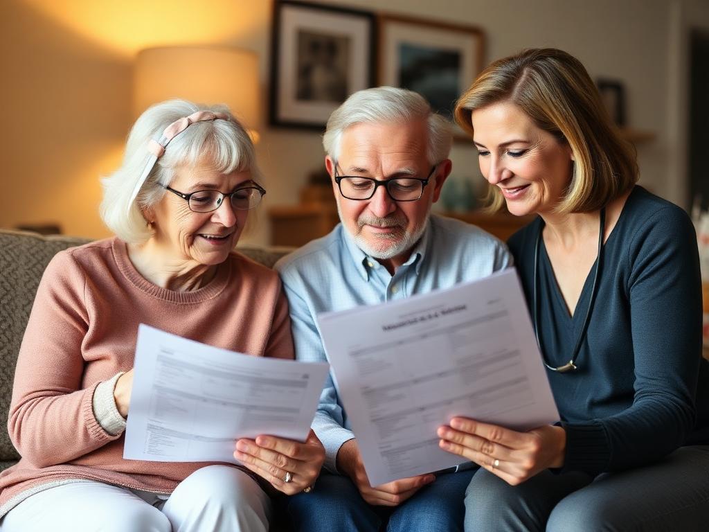 Healthcare worker or caregiver visiting senior man indoors at home, explaining medicine dosage